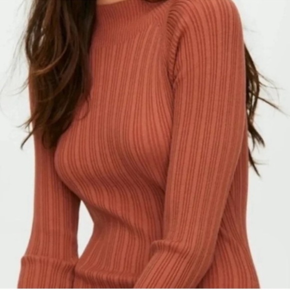 Aritzia Wilfred Alchemy Orange Ribbed Knit Bodycon Slit MIDI Dress Size Medium - Picture 2 of 9